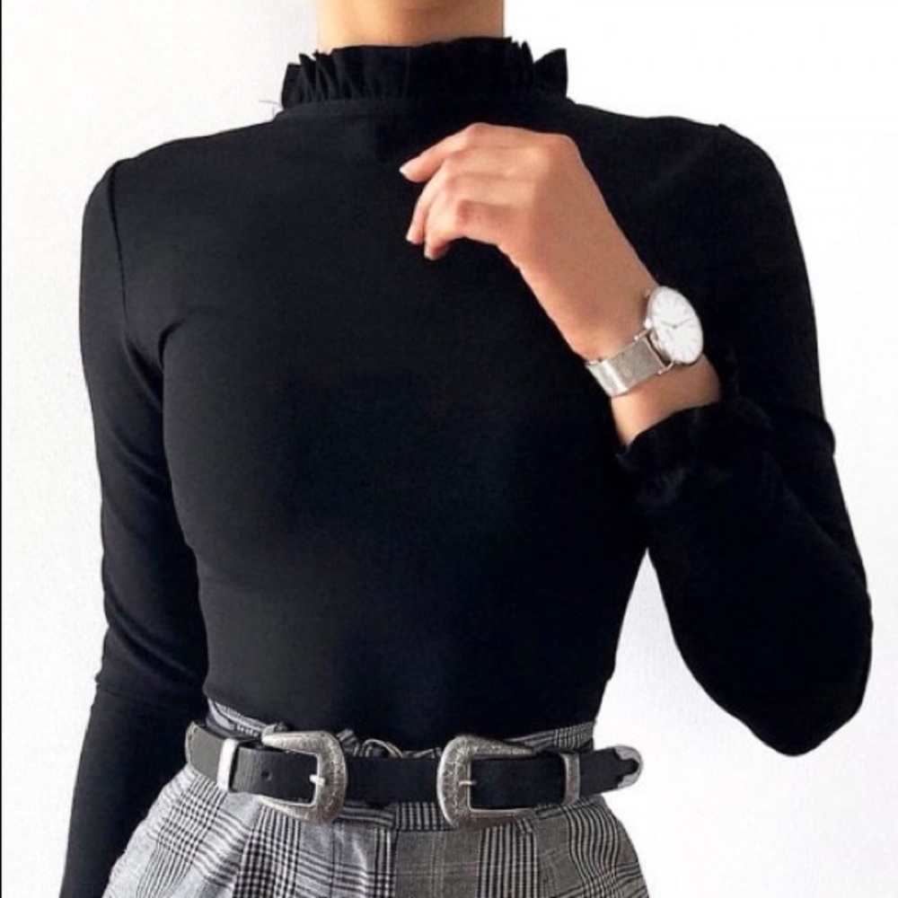 Brand New Black Ruffle Neck Bodysuit